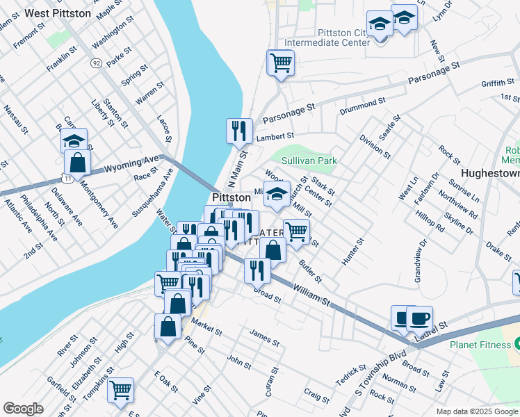 map of restaurants, bars, coffee shops, grocery stores, and more near 15 Carroll Street in Pittston
