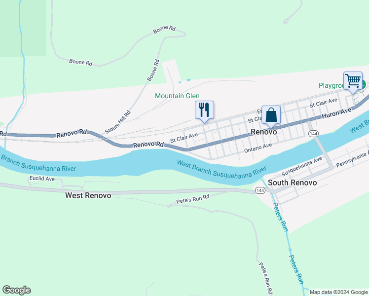 map of restaurants, bars, coffee shops, grocery stores, and more near 301 Huron Avenue in Renovo