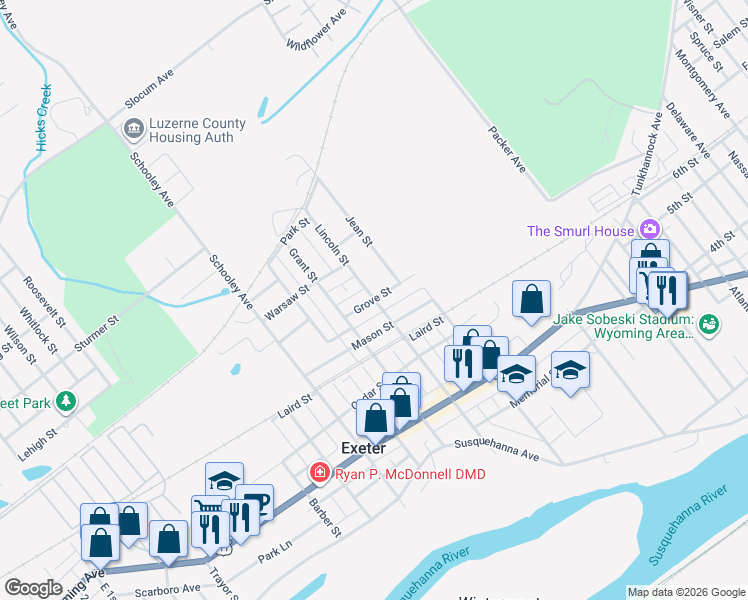 map of restaurants, bars, coffee shops, grocery stores, and more near 249 Lincoln Street in Exeter