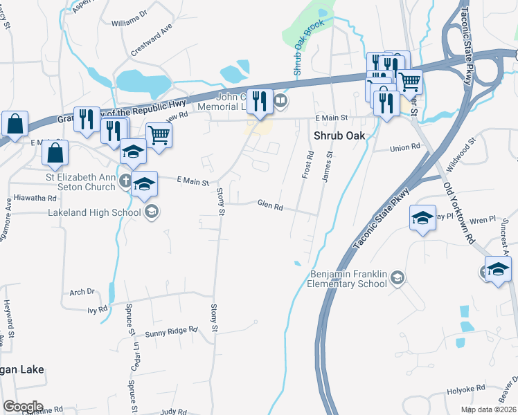 map of restaurants, bars, coffee shops, grocery stores, and more near 1127 Glen Road in Shrub Oak
