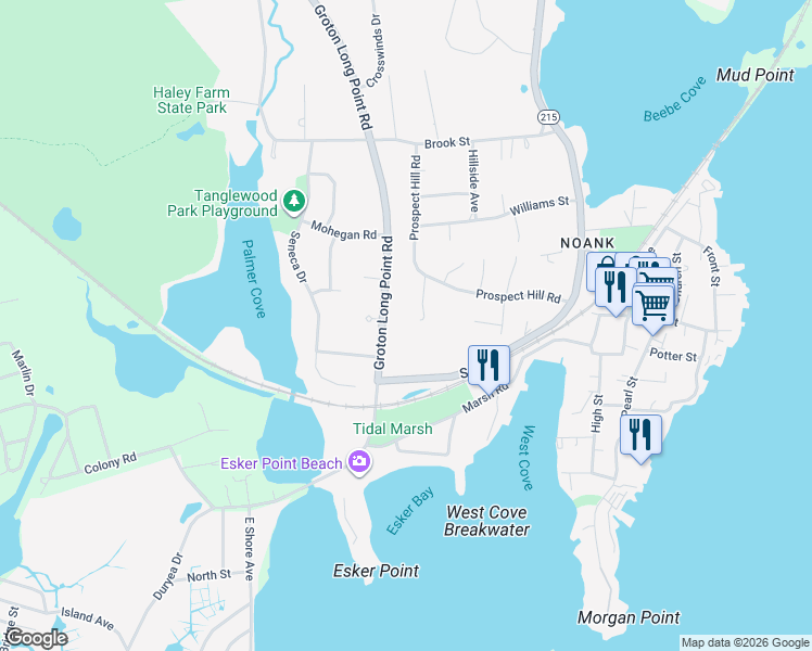 map of restaurants, bars, coffee shops, grocery stores, and more near 824 Groton Long Point Road in Groton