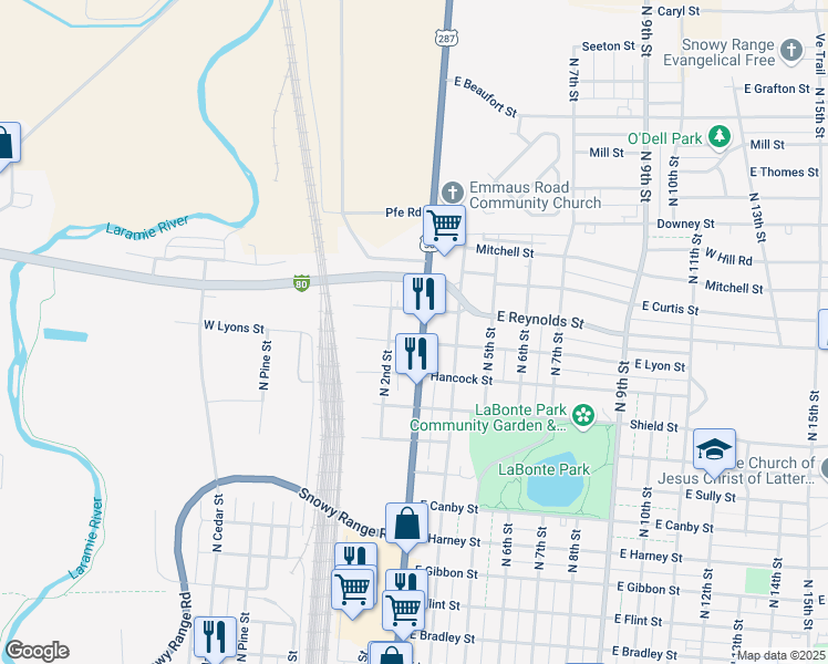 map of restaurants, bars, coffee shops, grocery stores, and more near 200-298 E Lyons St in Laramie