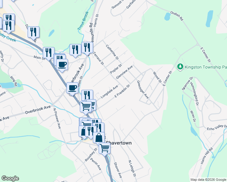 map of restaurants, bars, coffee shops, grocery stores, and more near 56 East Franklin Street in Shavertown