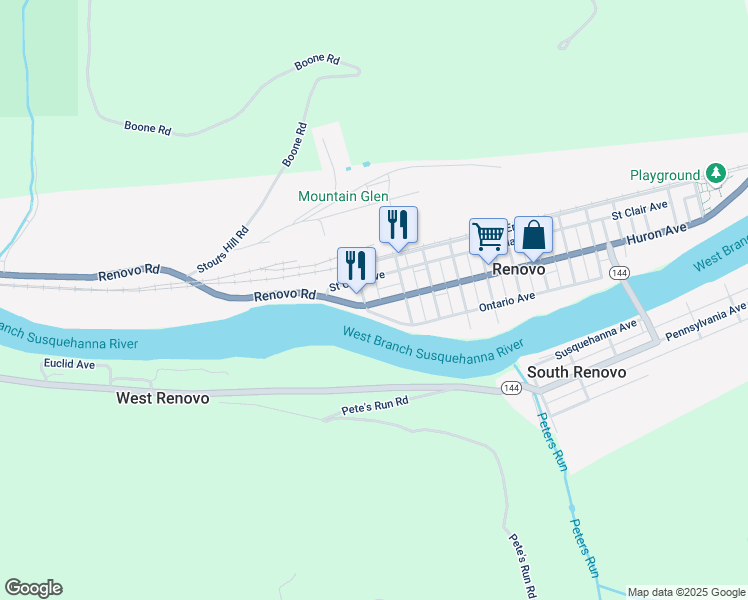 map of restaurants, bars, coffee shops, grocery stores, and more near 301 Huron Avenue in Renovo