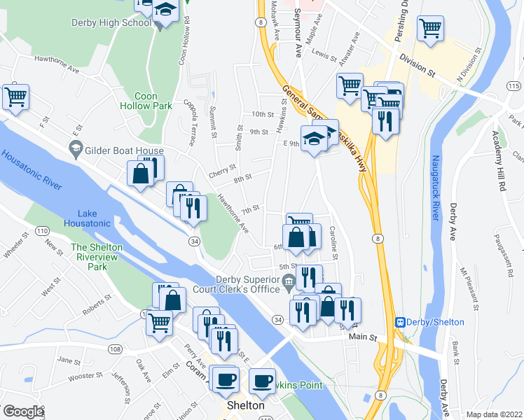 map of restaurants, bars, coffee shops, grocery stores, and more near 66 Hawkins Street in Derby
