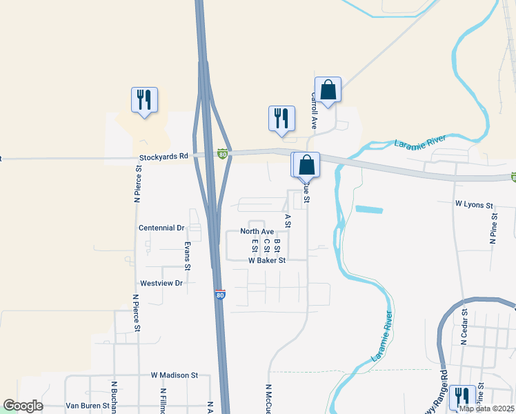 map of restaurants, bars, coffee shops, grocery stores, and more near 1272 West Lyon Street in Laramie