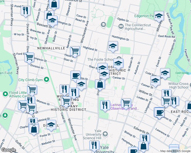 map of restaurants, bars, coffee shops, grocery stores, and more near 23 Division Street in New Haven