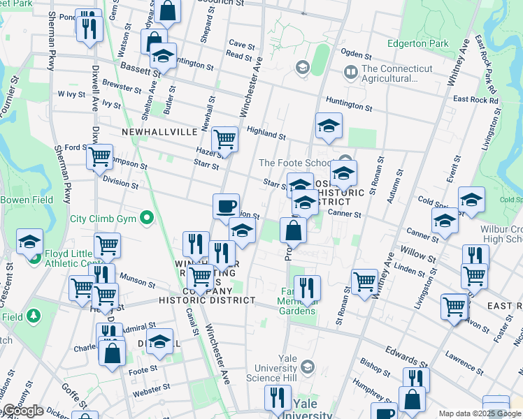map of restaurants, bars, coffee shops, grocery stores, and more near in New Haven