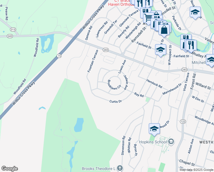 map of restaurants, bars, coffee shops, grocery stores, and more near 165 Judwin Avenue in New Haven