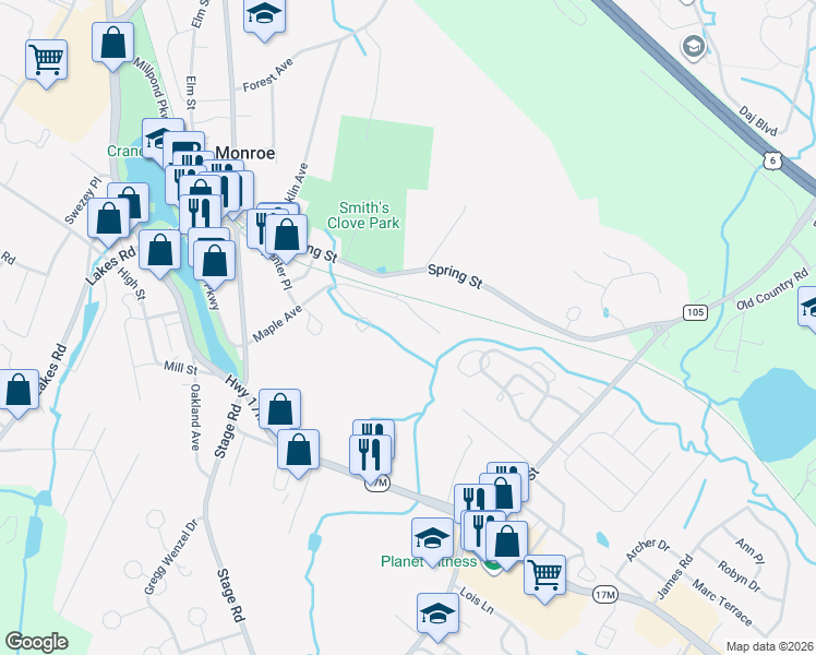 map of restaurants, bars, coffee shops, grocery stores, and more near 44 Clark Street in Monroe