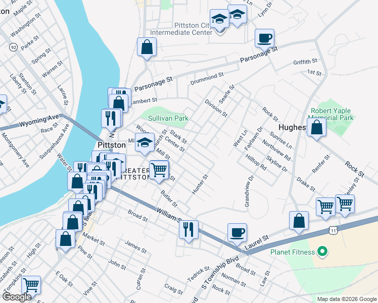 map of restaurants, bars, coffee shops, grocery stores, and more near 166 Mill Street in Pittston
