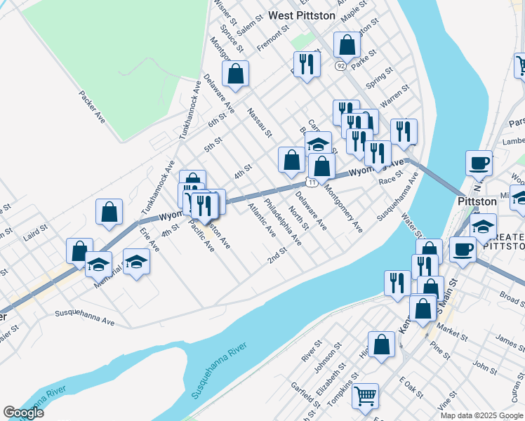 map of restaurants, bars, coffee shops, grocery stores, and more near 105 Philadelphia Avenue in Luzerne County