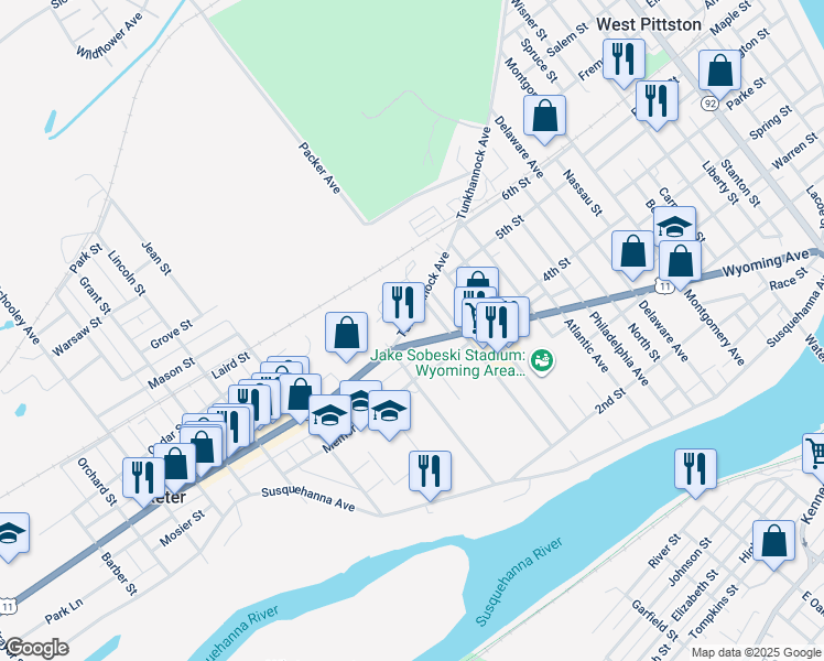 map of restaurants, bars, coffee shops, grocery stores, and more near 923 Tunkhannock Avenue in Luzerne County