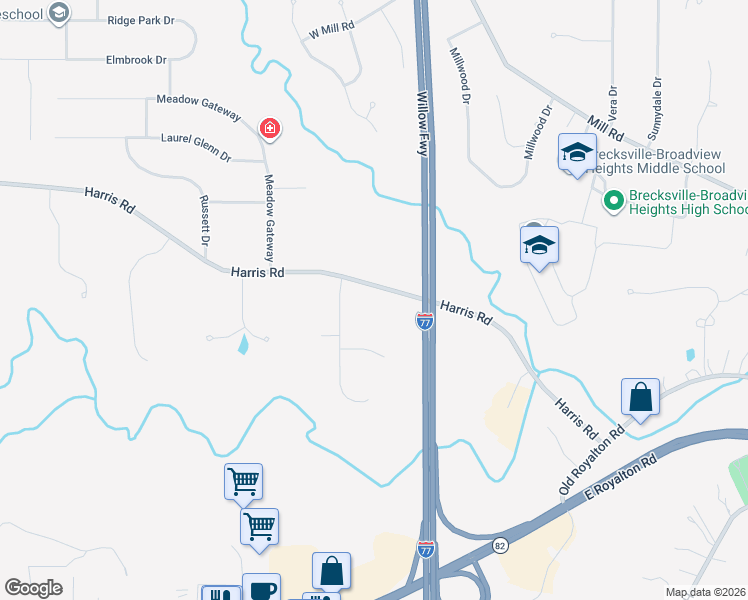 map of restaurants, bars, coffee shops, grocery stores, and more near 5000 Harris Road in Broadview Heights