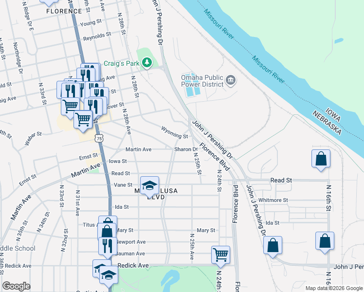 map of restaurants, bars, coffee shops, grocery stores, and more near 7211 Minne Lusa Boulevard in Omaha