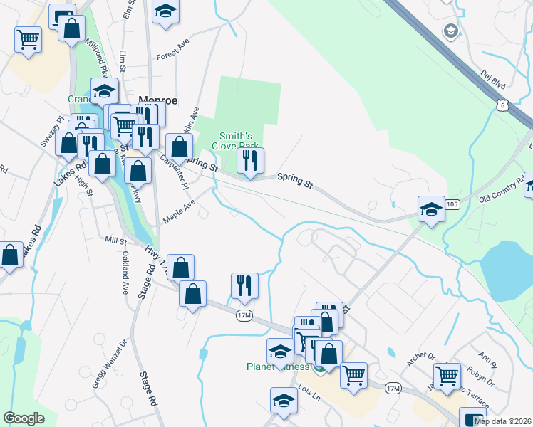 map of restaurants, bars, coffee shops, grocery stores, and more near 44 Clark Street in Monroe