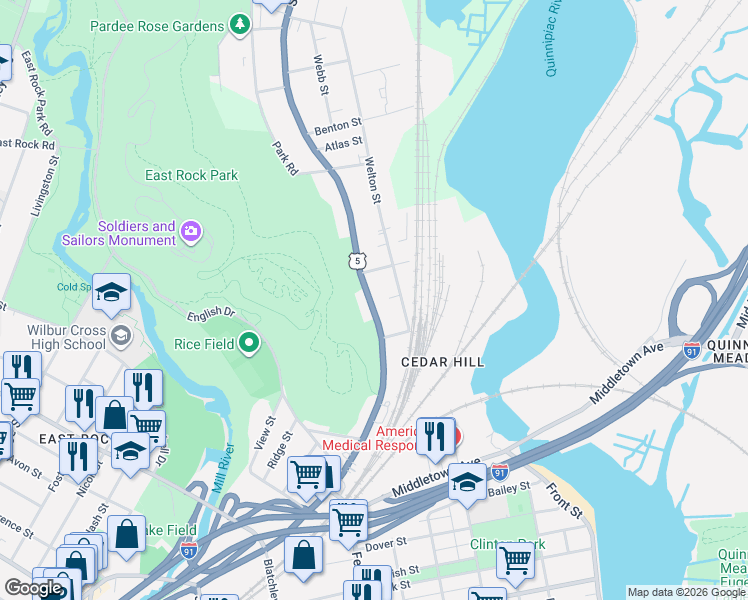 map of restaurants, bars, coffee shops, grocery stores, and more near 1573 State Street in New Haven