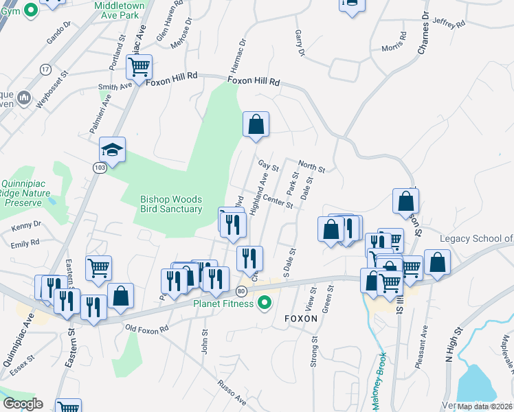 map of restaurants, bars, coffee shops, grocery stores, and more near 95 Crest Avenue in East Haven