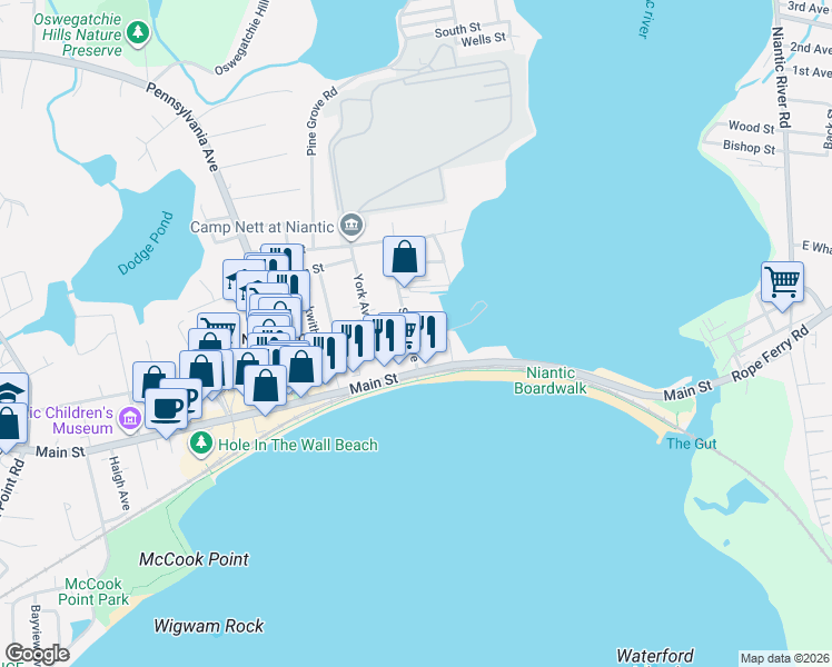 map of restaurants, bars, coffee shops, grocery stores, and more near 51 Grand Street in East Lyme