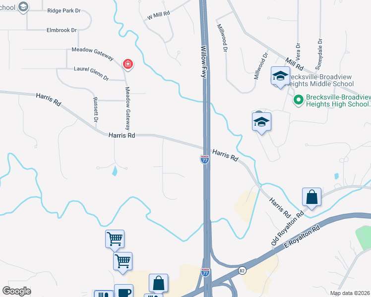 map of restaurants, bars, coffee shops, grocery stores, and more near 5000 Harris Road in Broadview Heights