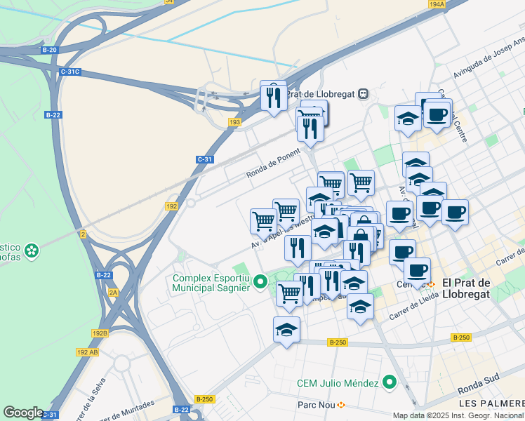 map of restaurants, bars, coffee shops, grocery stores, and more near 12 Carrer de la Selva in Barcelona