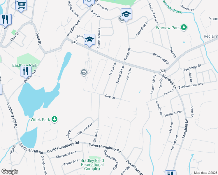 map of restaurants, bars, coffee shops, grocery stores, and more near 37 North Coe Lane in Ansonia