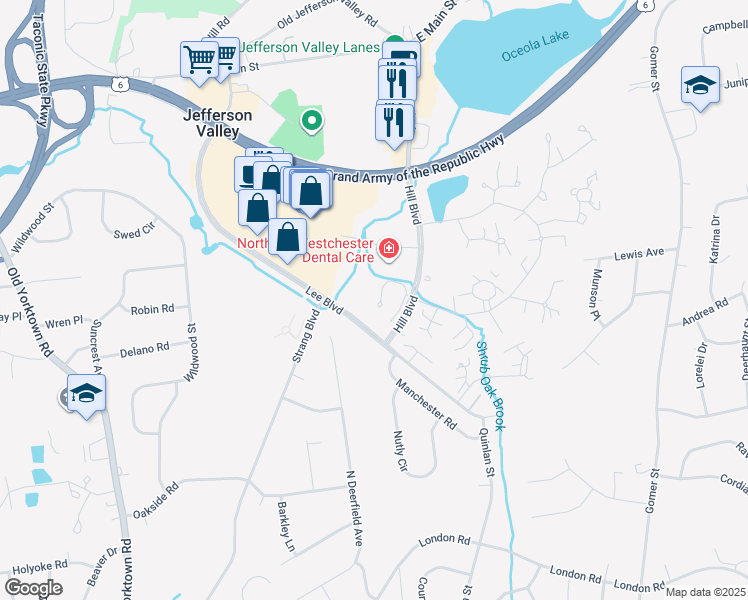 map of restaurants, bars, coffee shops, grocery stores, and more near 604 High Meadow Lane in Yorktown Heights