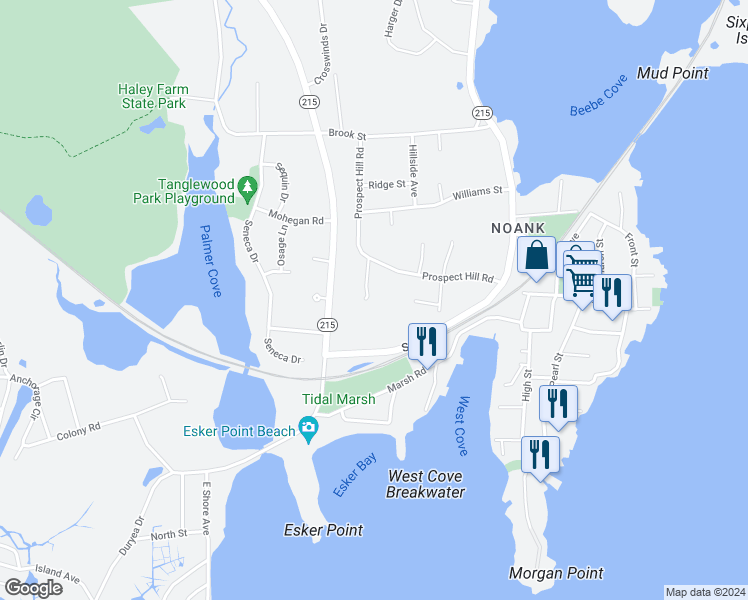 map of restaurants, bars, coffee shops, grocery stores, and more near 129 Prospect Hill Road in Groton