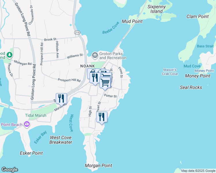 map of restaurants, bars, coffee shops, grocery stores, and more near 1 Pearl Street in Groton