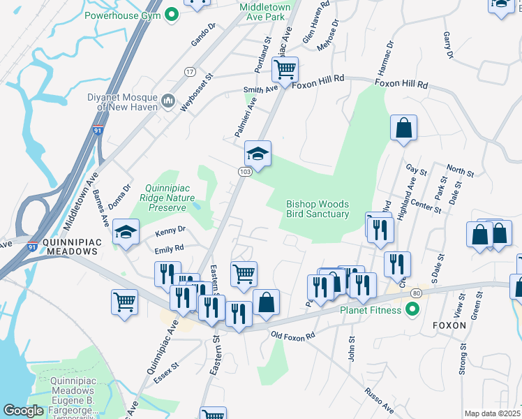 map of restaurants, bars, coffee shops, grocery stores, and more near 1445 Quinnipiac Avenue in New Haven