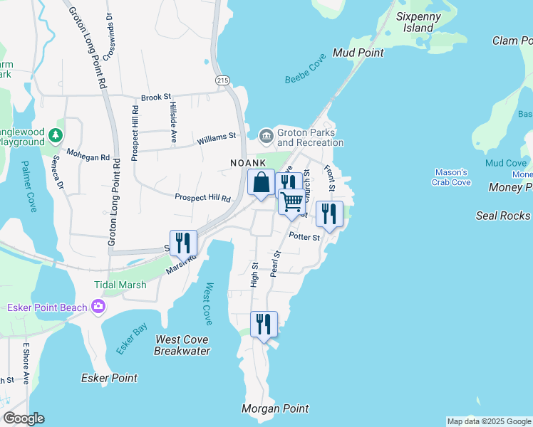 map of restaurants, bars, coffee shops, grocery stores, and more near 18 Sylvan Street in Groton