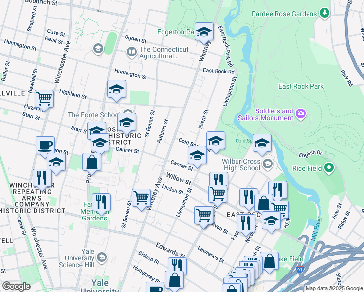 map of restaurants, bars, coffee shops, grocery stores, and more near 22 Everit Street in New Haven