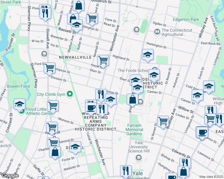map of restaurants, bars, coffee shops, grocery stores, and more near in New Haven