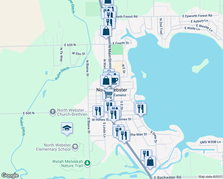 map of restaurants, bars, coffee shops, grocery stores, and more near in North Webster