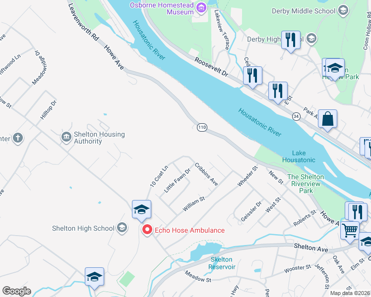 map of restaurants, bars, coffee shops, grocery stores, and more near 73 10 Coat Lane in Shelton