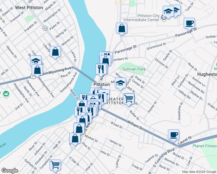map of restaurants, bars, coffee shops, grocery stores, and more near 2 Butler Alley in Pittston