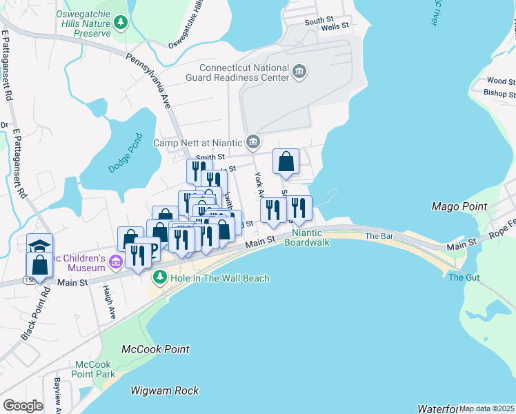 map of restaurants, bars, coffee shops, grocery stores, and more near 22 Grand Street in East Lyme