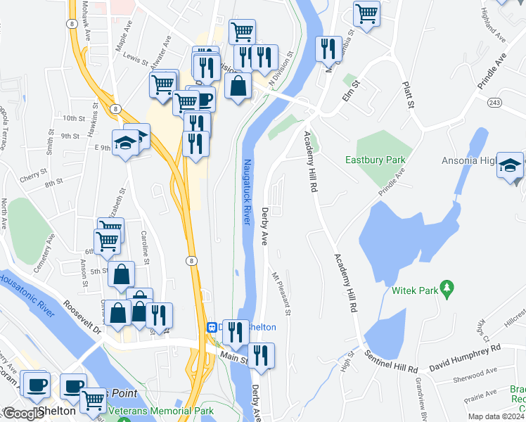 map of restaurants, bars, coffee shops, grocery stores, and more near 254 Derby Avenue in Derby