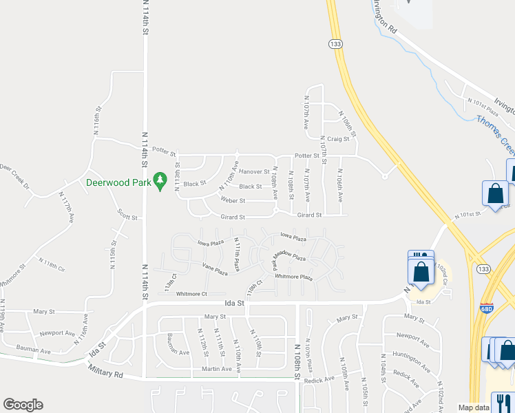 map of restaurants, bars, coffee shops, grocery stores, and more near 10869 Weber Street in Omaha