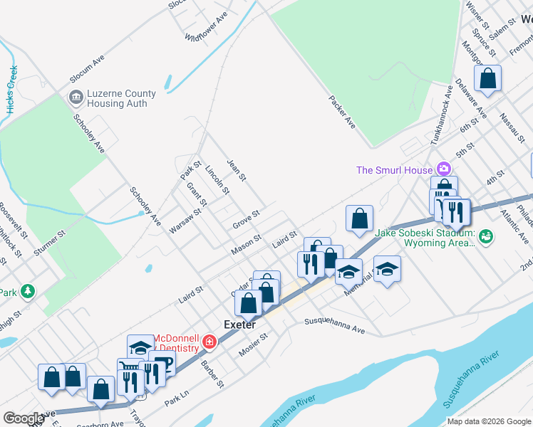 map of restaurants, bars, coffee shops, grocery stores, and more near 179 Mason Street in Exeter