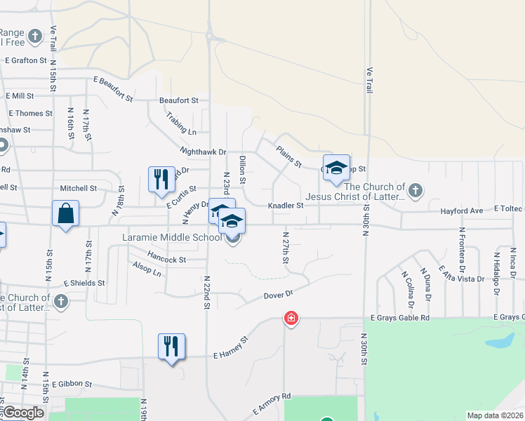 map of restaurants, bars, coffee shops, grocery stores, and more near 2605 East Reynolds Street in Laramie