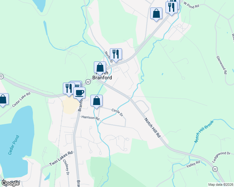 map of restaurants, bars, coffee shops, grocery stores, and more near 292 Notch Hill Road in North Branford