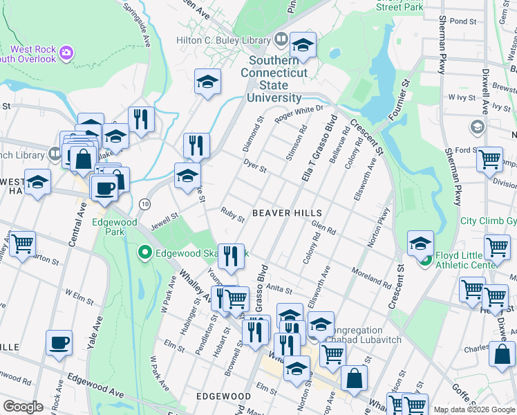 map of restaurants, bars, coffee shops, grocery stores, and more near 165 Osborn Avenue in New Haven