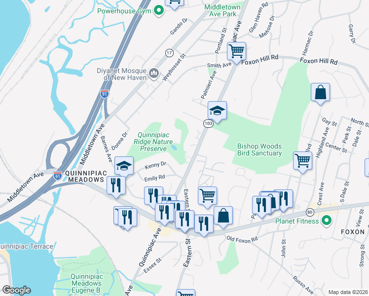 map of restaurants, bars, coffee shops, grocery stores, and more near 1378 Quinnipiac Avenue in New Haven