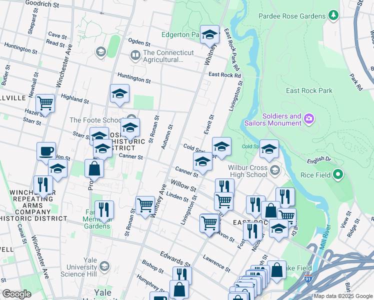 map of restaurants, bars, coffee shops, grocery stores, and more near 22 Everit Street in New Haven