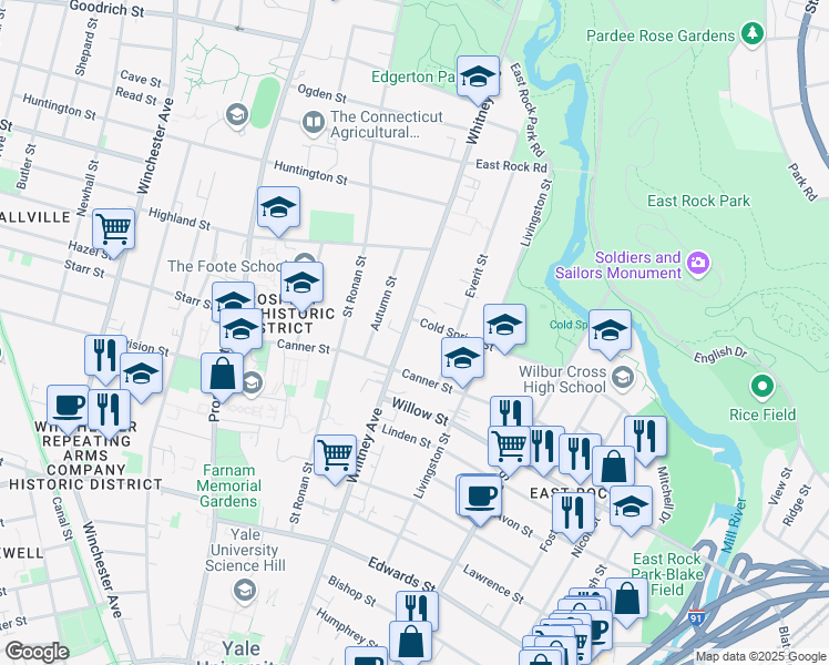 map of restaurants, bars, coffee shops, grocery stores, and more near 22 Everit Street in New Haven