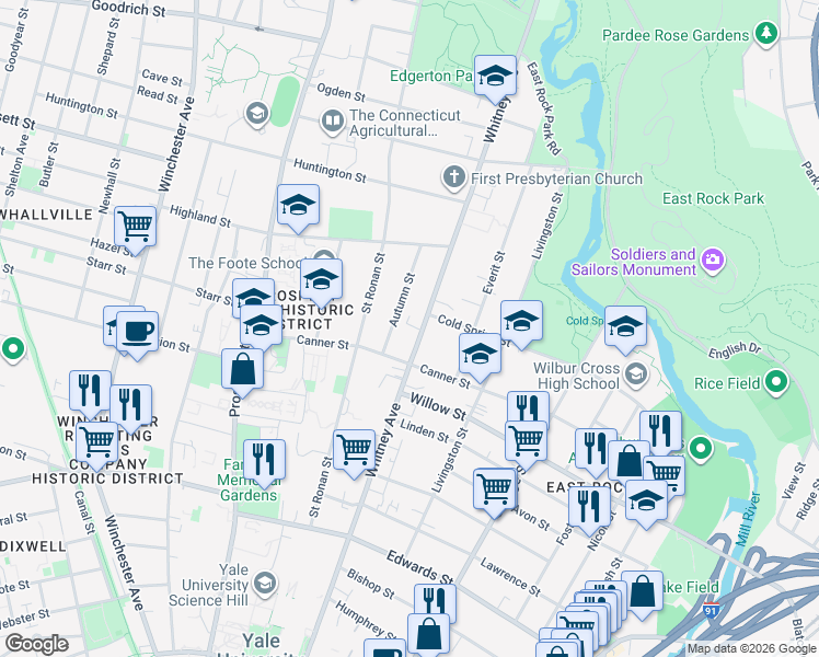 map of restaurants, bars, coffee shops, grocery stores, and more near 524 Whitney Avenue in New Haven