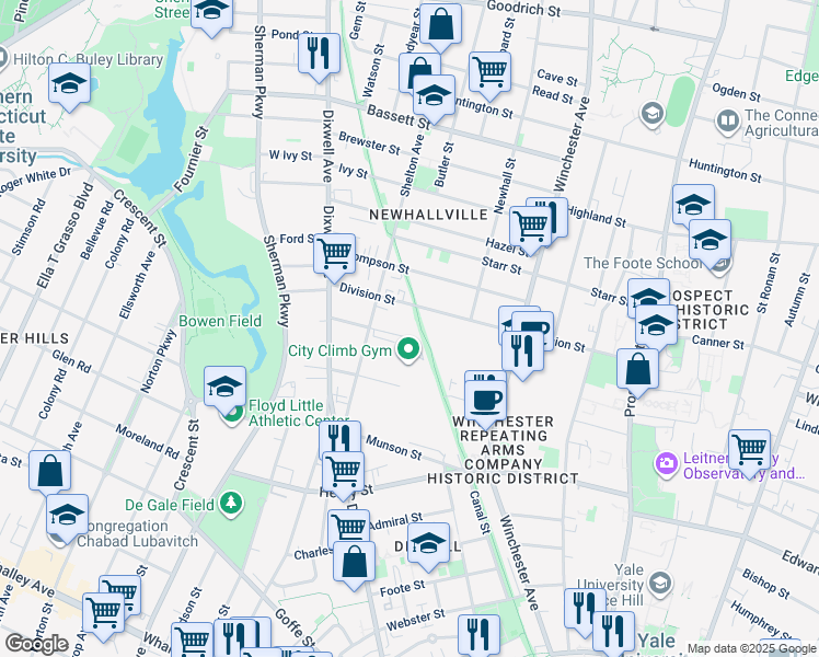 map of restaurants, bars, coffee shops, grocery stores, and more near 99-107 Shelton Avenue in New Haven