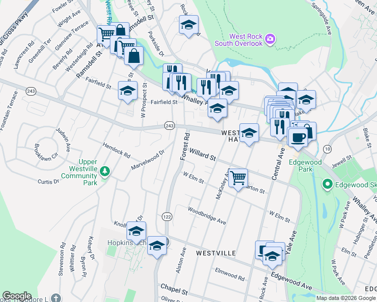 map of restaurants, bars, coffee shops, grocery stores, and more near 1223 Forest Road in New Haven