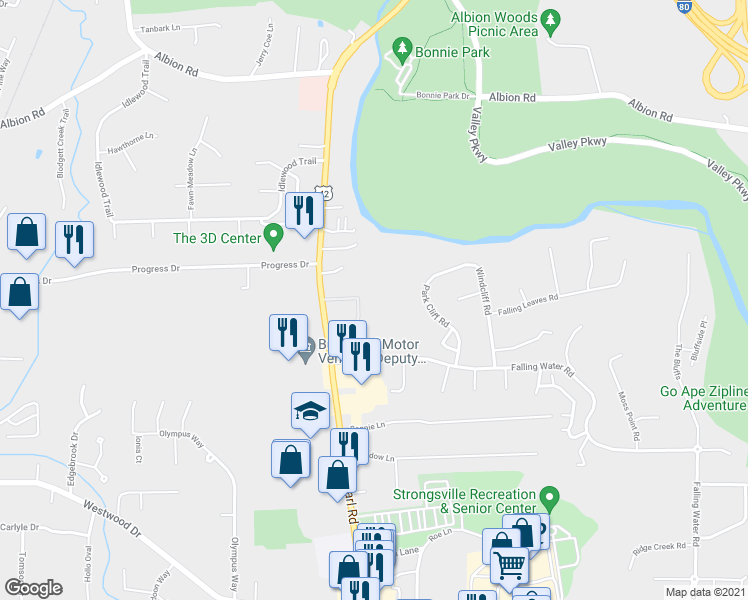 map of restaurants, bars, coffee shops, grocery stores, and more near 11883 U.S. 42 in Strongsville